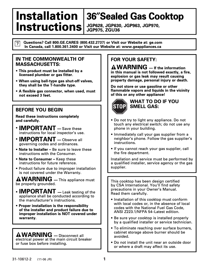 Page 1 of the manual Installation Guide GE JGP628CEKCC