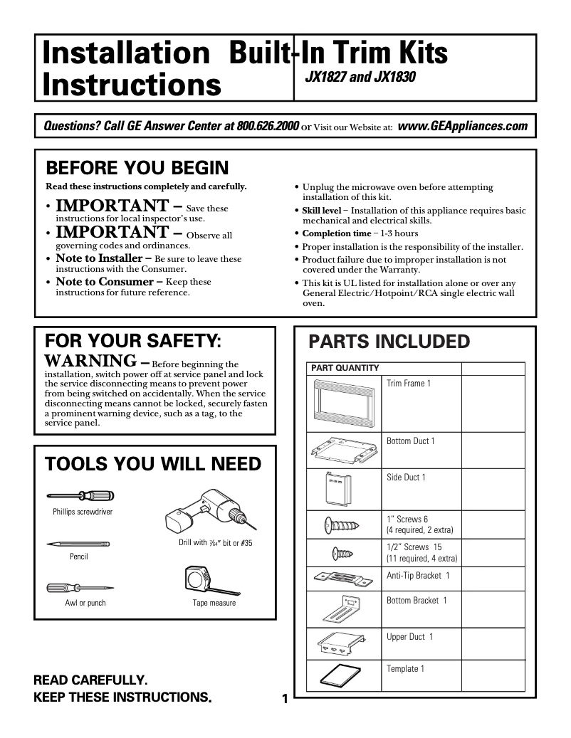 Page 1 de la notice Manuel utilisateur GE JX1827AB
