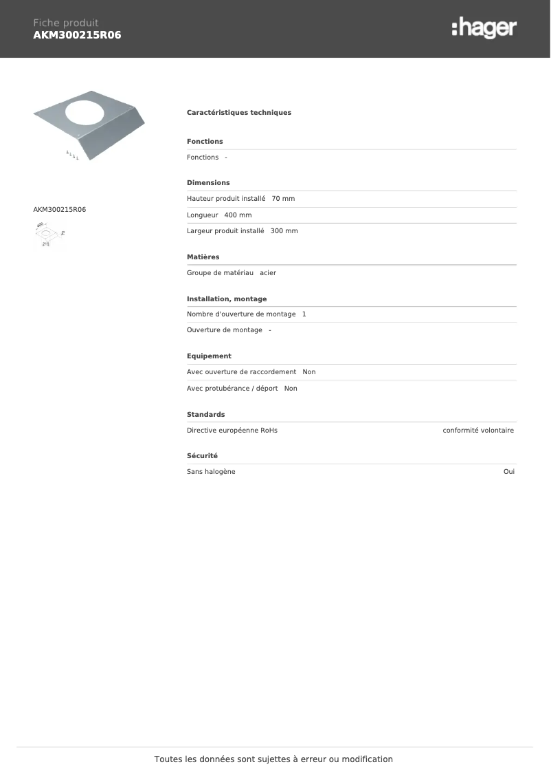 Page 1 de la notice Manuel utilisateur Hager AKM300215R06