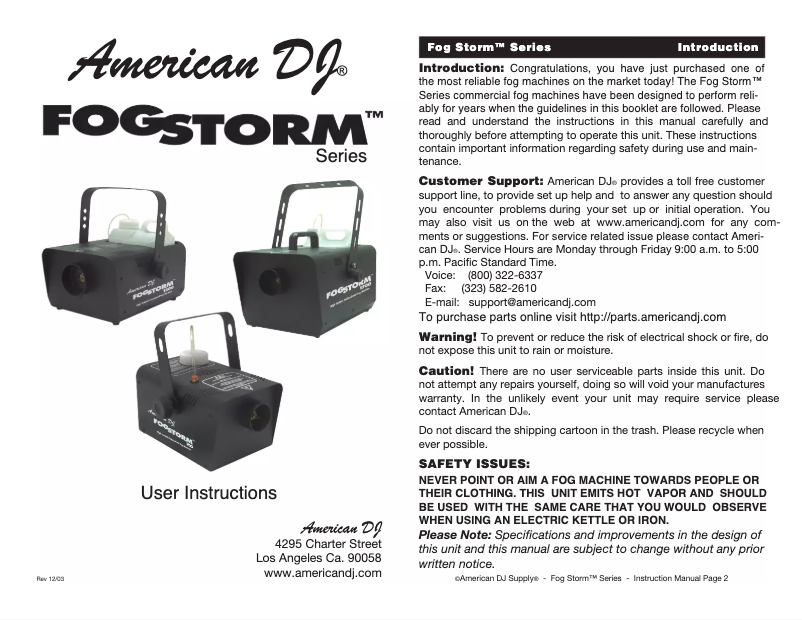 Page n°1 - Manuel utilisateur American DJ Fog Storm 1700