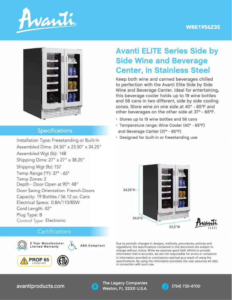 Page n°1 - Fiche technique Avanti WBE1956Z3S