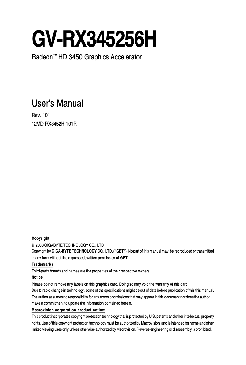 Page 1 de la notice Manuel utilisateur Gigabyte GV-RX345256H