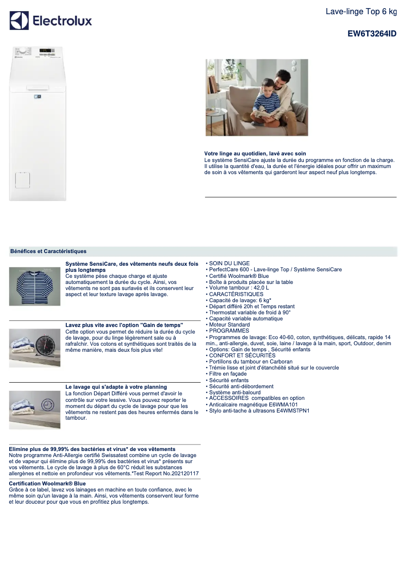 Page 1 de la notice Fiche technique Electrolux EW6T3264ID