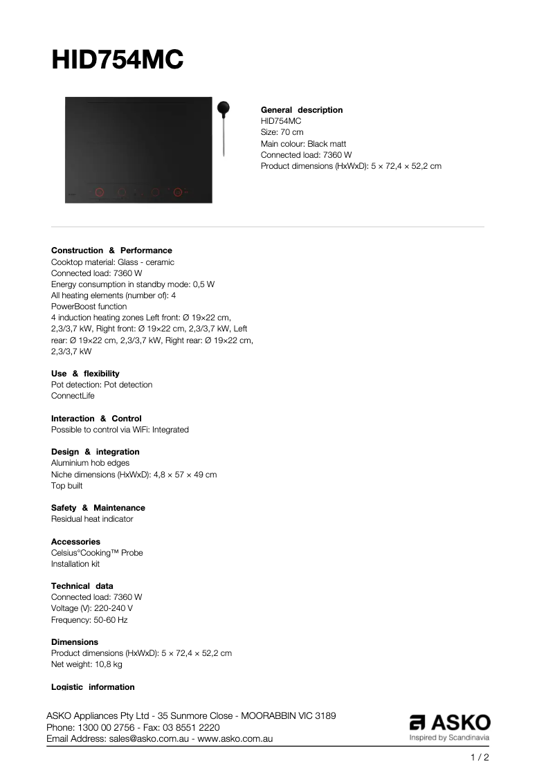 Page 1 de la notice Fiche technique Asko HID754MC