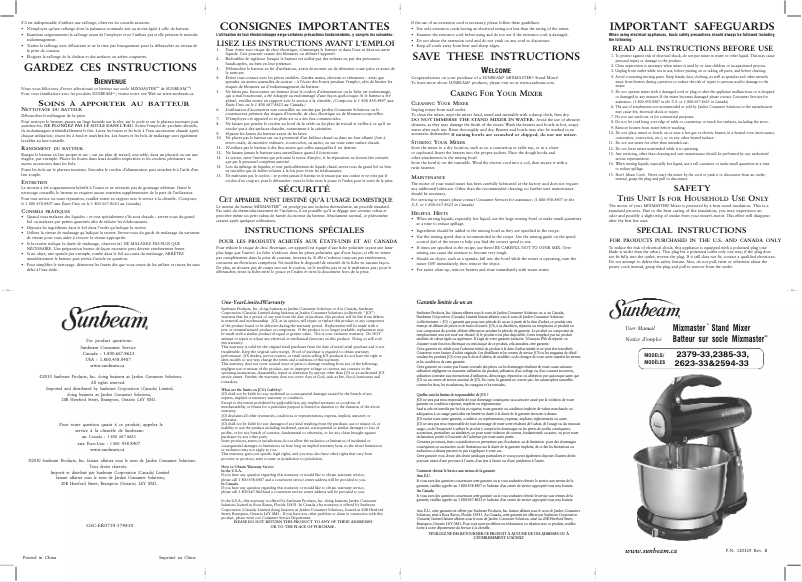 Page 1 de la notice Manuel utilisateur Sunbeam MixMaster 2594-33