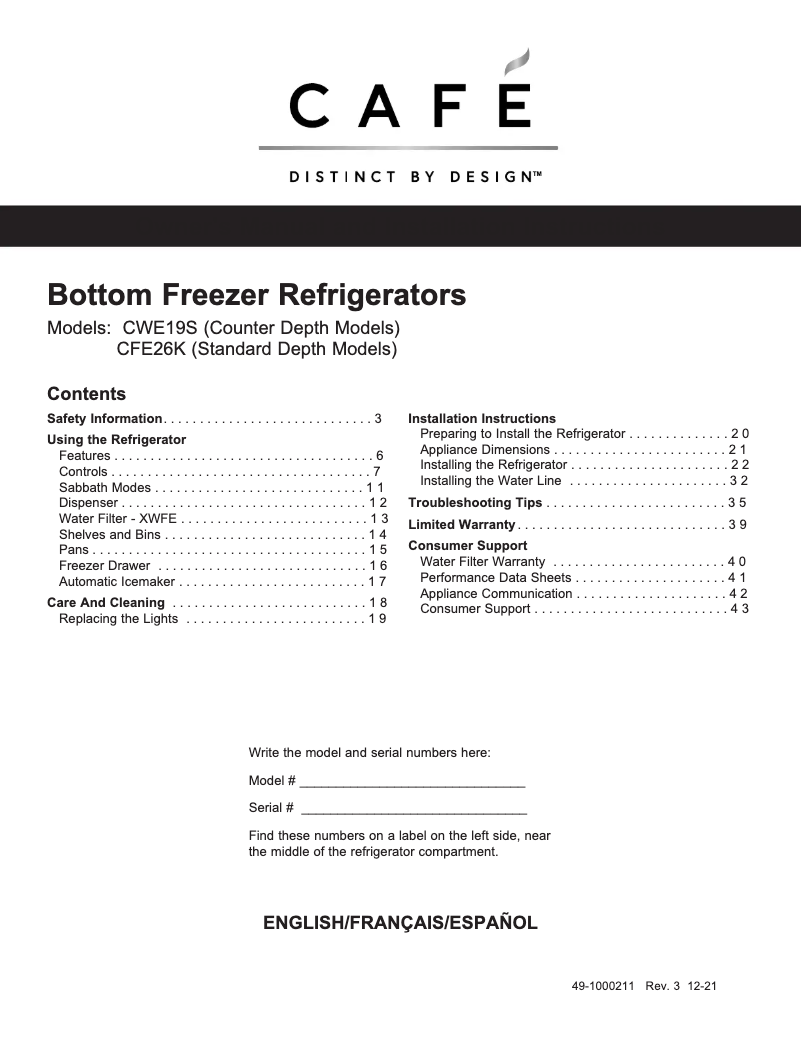 Page n°1 - Manuel d'utilisation et d'entretien GE CWE19SP3ND1