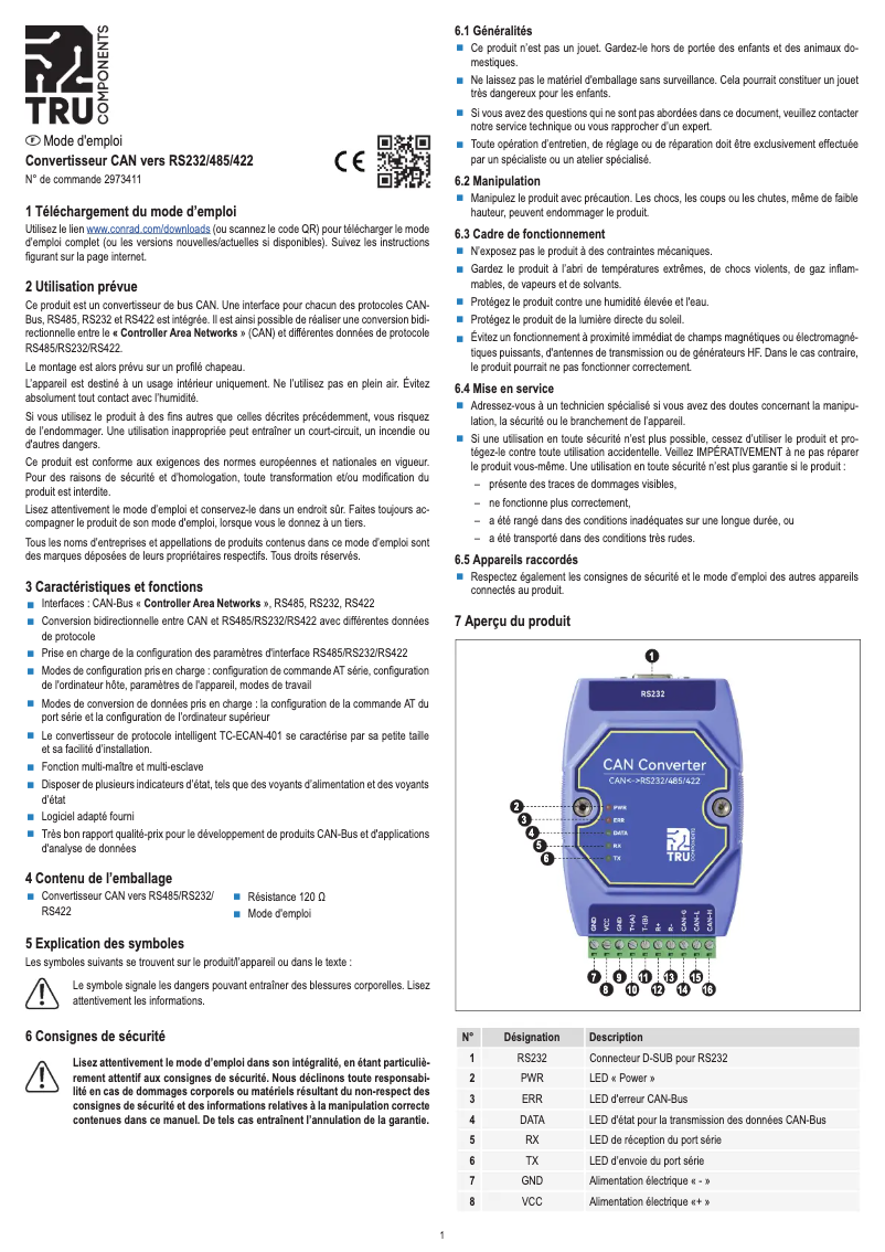 Page 1 de la notice Manuel utilisateur Tru Components TC-ECAN-401