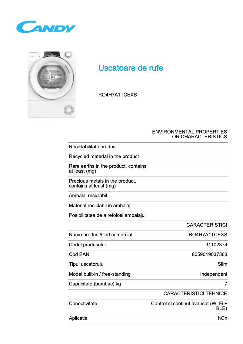 Page 1 de la notice Fiche technique Candy RO4H7A1TCEX-S