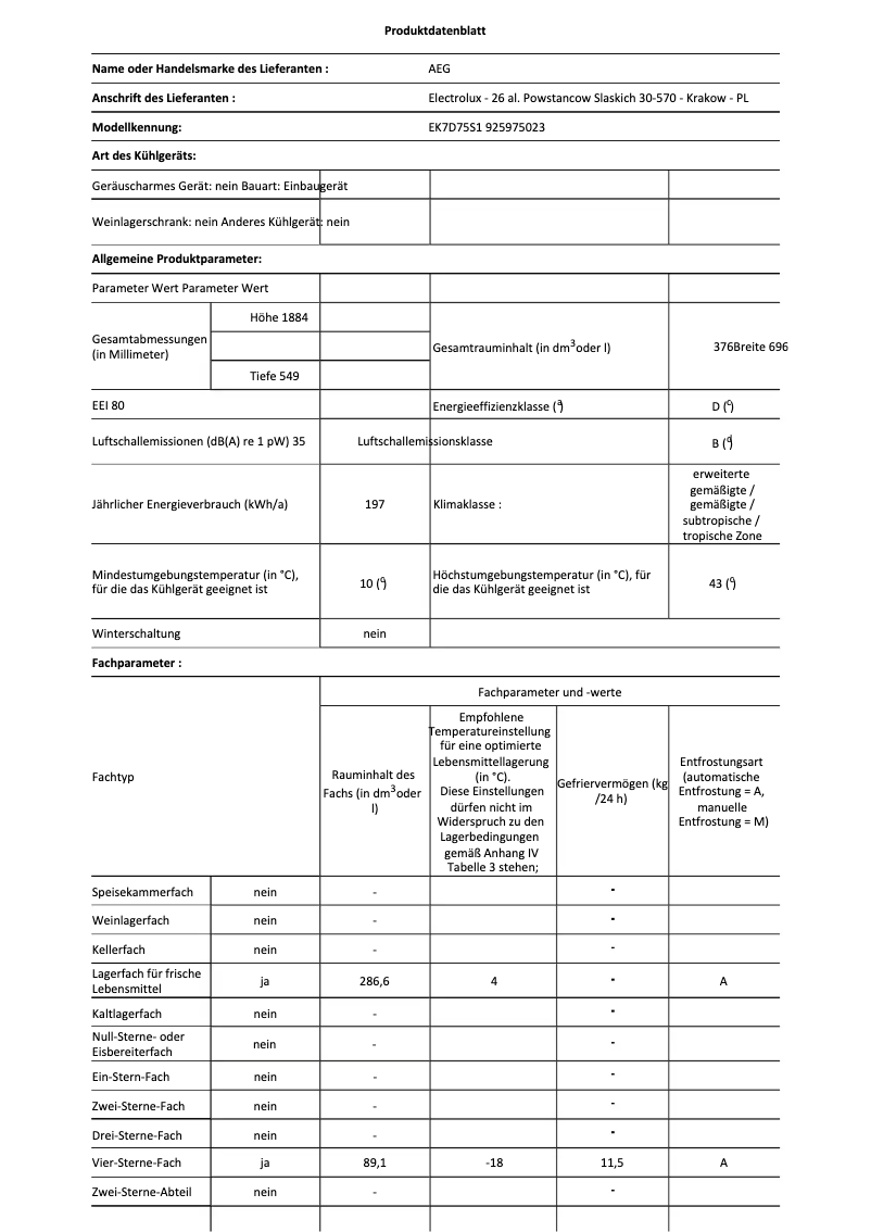 Page 1 de la notice Fiche technique AEG EK7D75S1