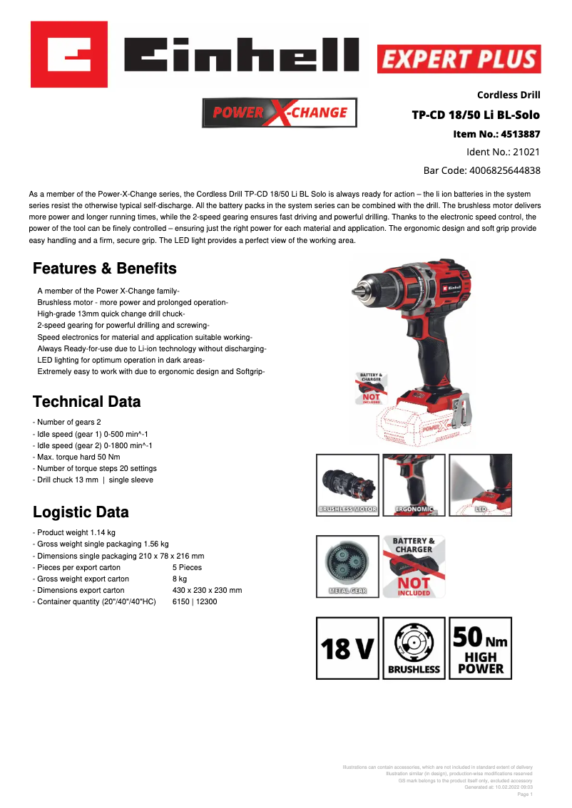 Página 1 del manual Ficha técnica Einhell TP-CD 18/50 Li