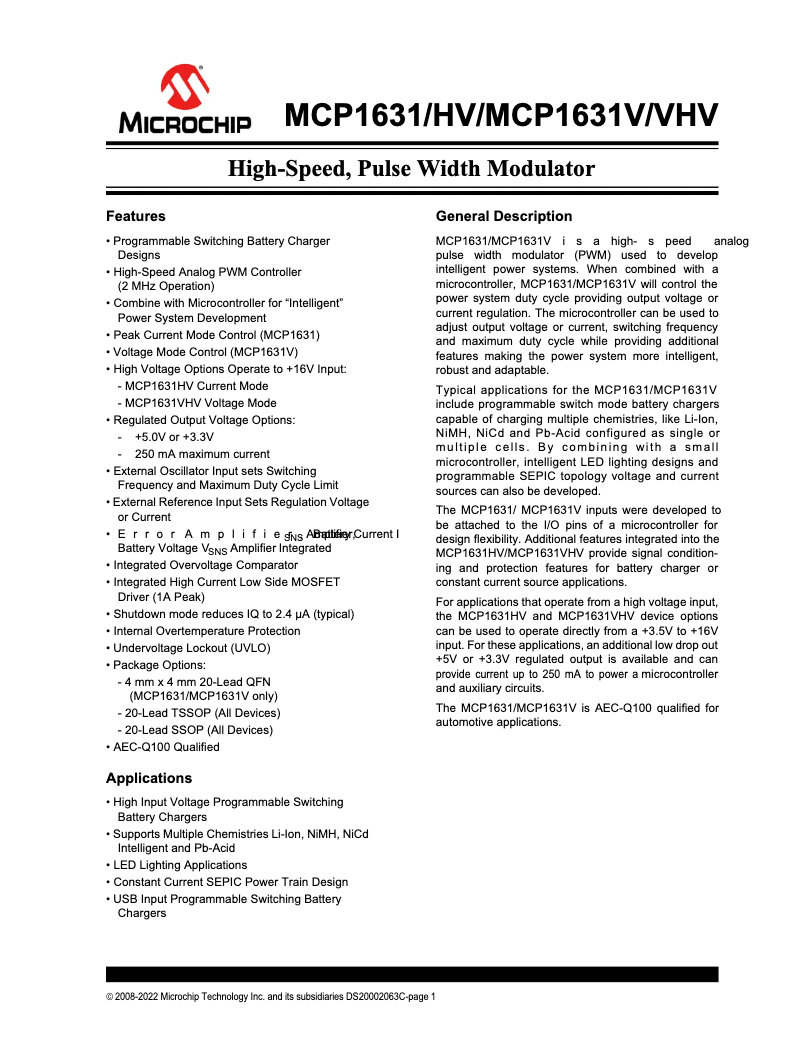 Page 1 de la notice Fiche technique Microchip MCP1631