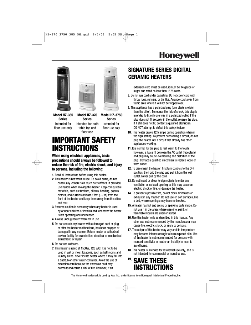 Page 1 de la notice Manuel utilisateur Honeywell Easy-Glide HZ-370BP