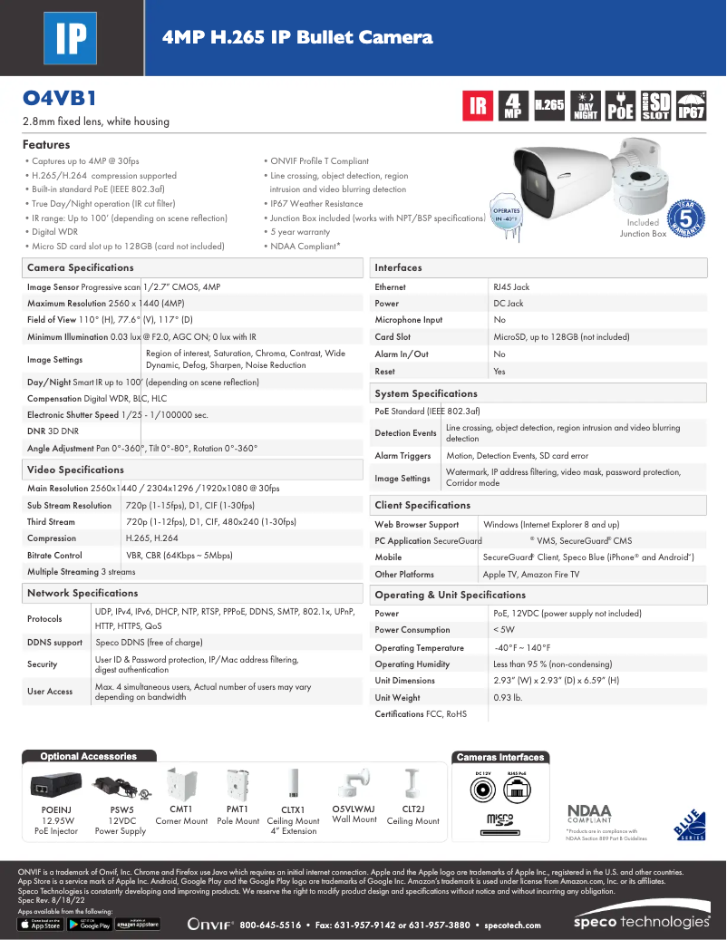 Page 1 de la notice Fiche technique Speco Technologies O4VB1