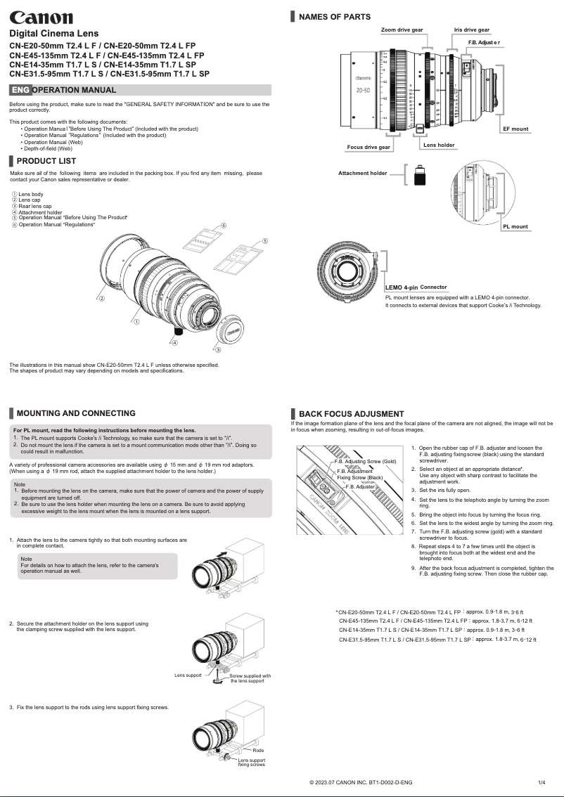 Page 1 de la notice Manuel utilisateur Canon CN-E20-50mm T2.4 L FP
