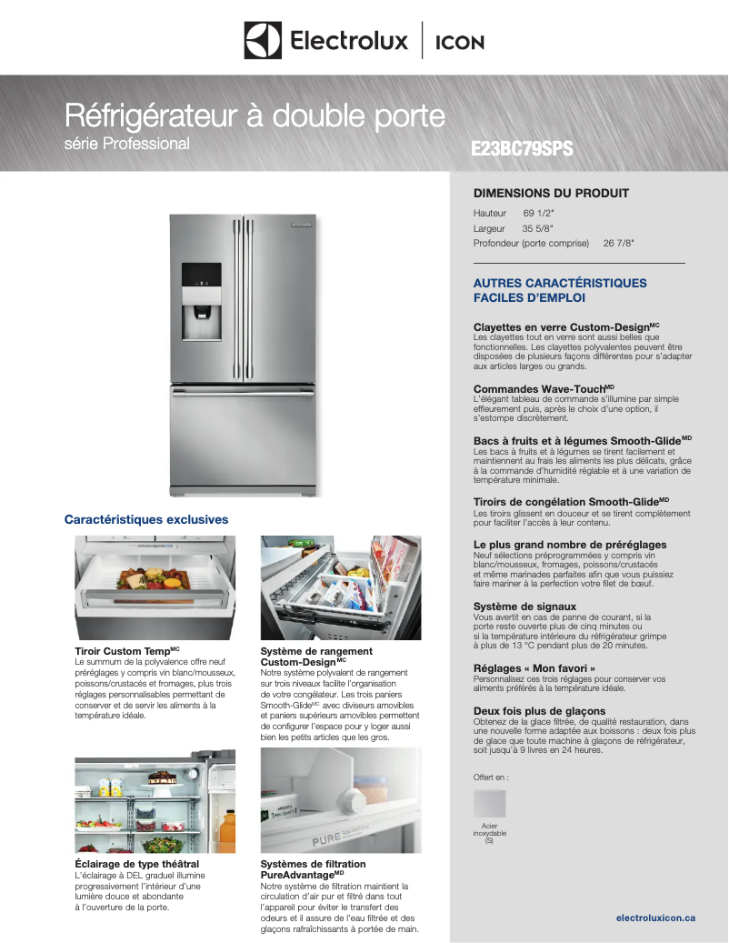 Page 1 de la notice Fiche technique Electrolux E23BC79SPS