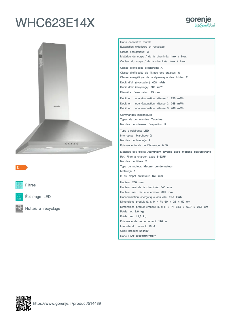 Page n°1 - Fiche technique Gorenje WHC623E14X