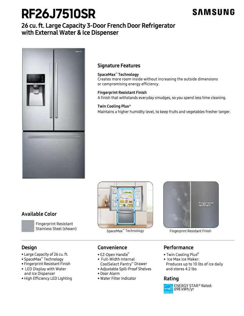 Page 1 de la notice Fiche technique Samsung RF26J7510SR