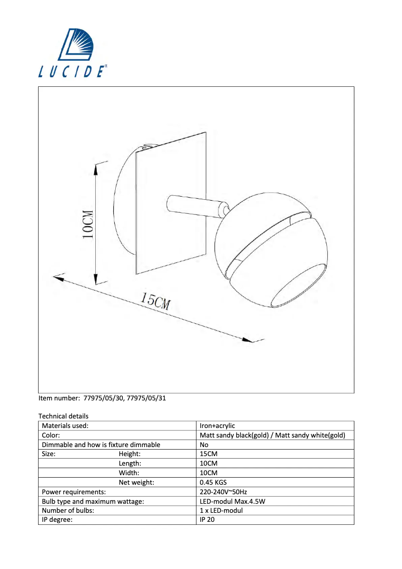Page n°1 - Manuel utilisateur Lucide Binari 77975/05/30