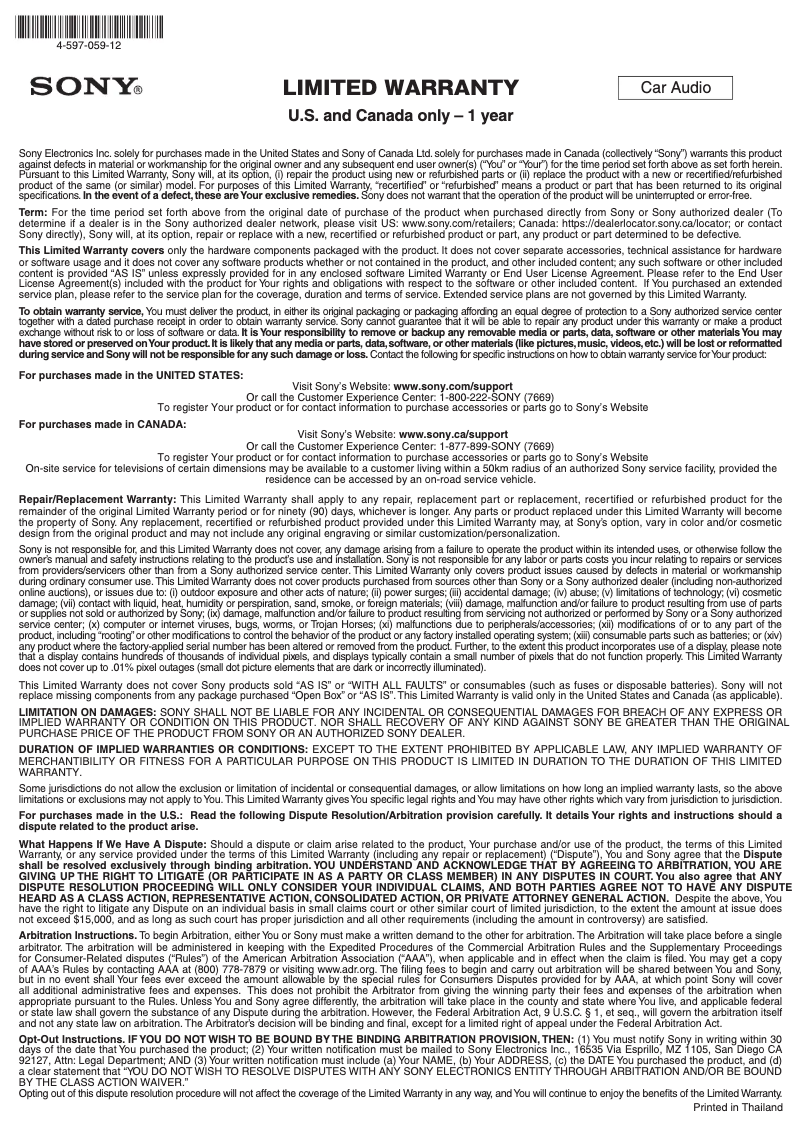 Page n°1 - Informations de garantie Sony XS-AW8