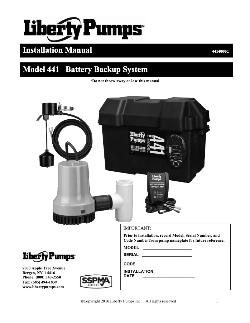 Page 1 de la notice Guide d'installation Liberty Pumps 441