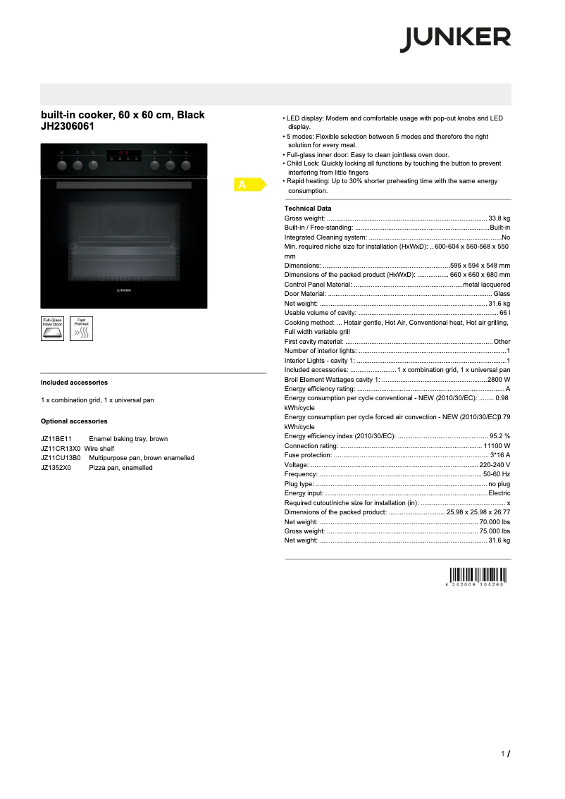 Page 1 de la notice Fiche technique Junker JH2306061