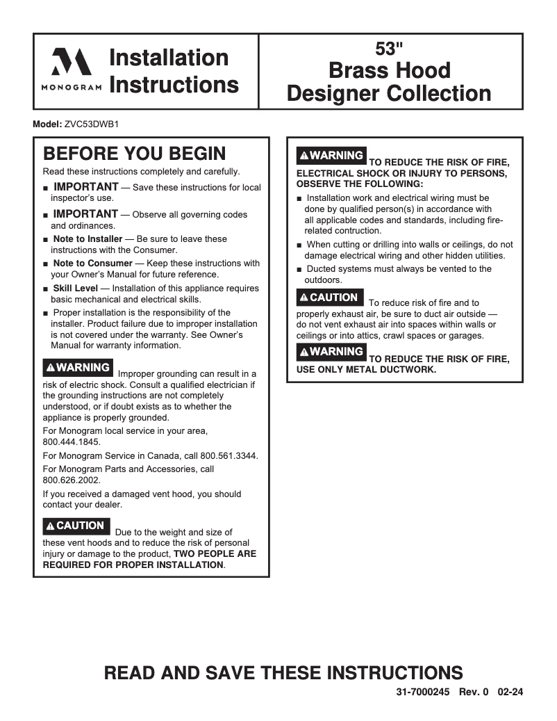 Page n°1 - Guide d'installation Monogram ZVC53DWB1