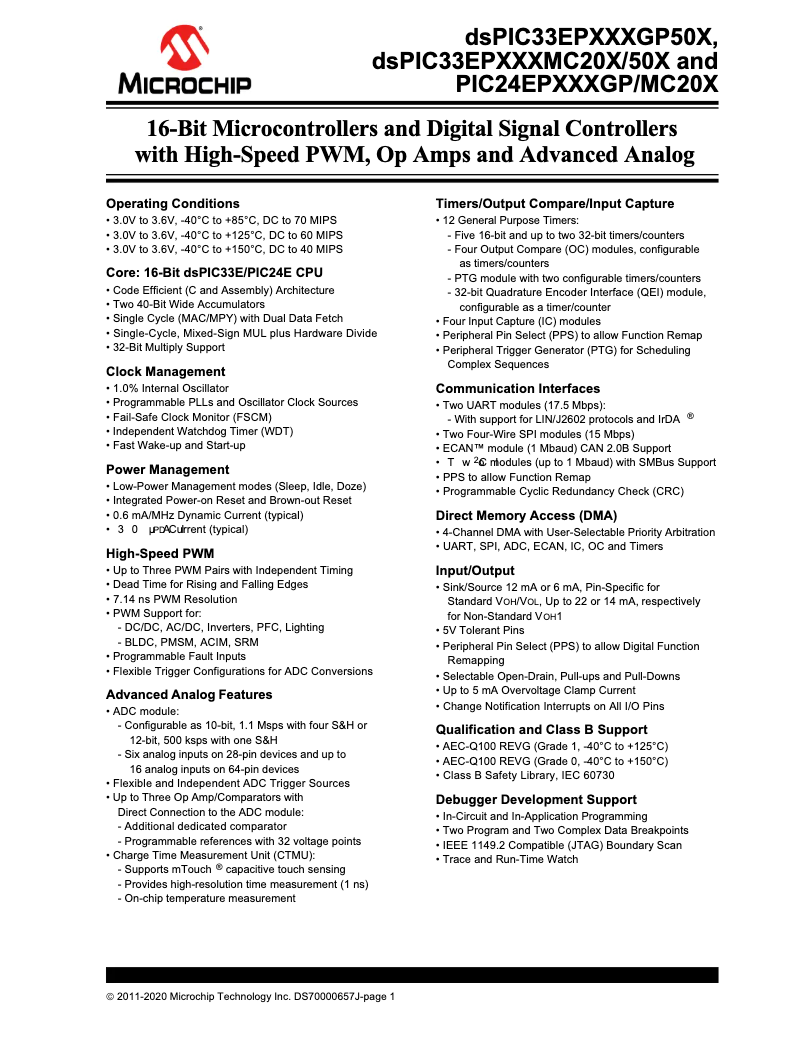 Page 1 de la notice Fiche technique Microchip dsPIC33EP64GP503