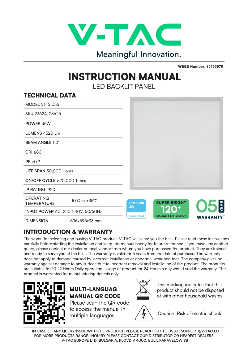 Page n°1 - Manuel utilisateur V-TAC VT-61036