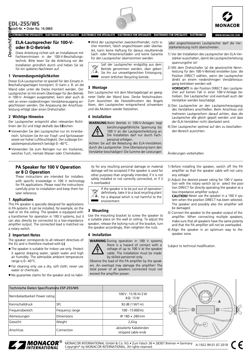 Page 1 de la notice Manuel utilisateur Monacor EDL-255/WS