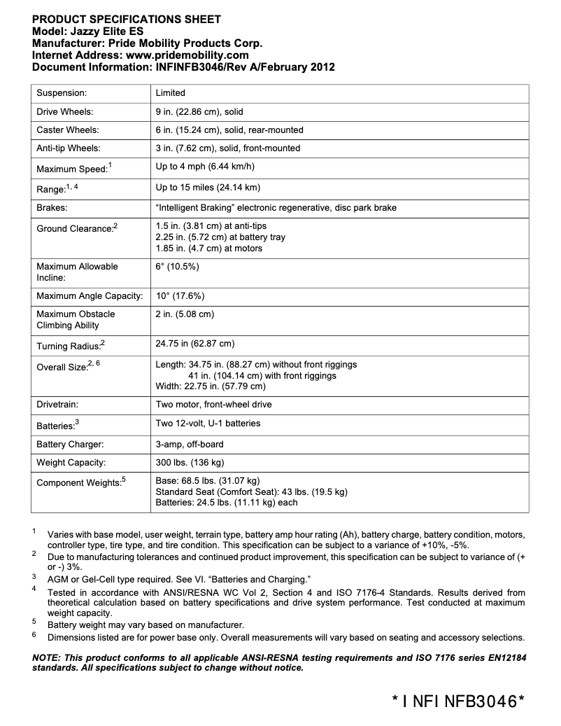 Page 1 de la notice Fiche technique Pride Jazzy Elite ES