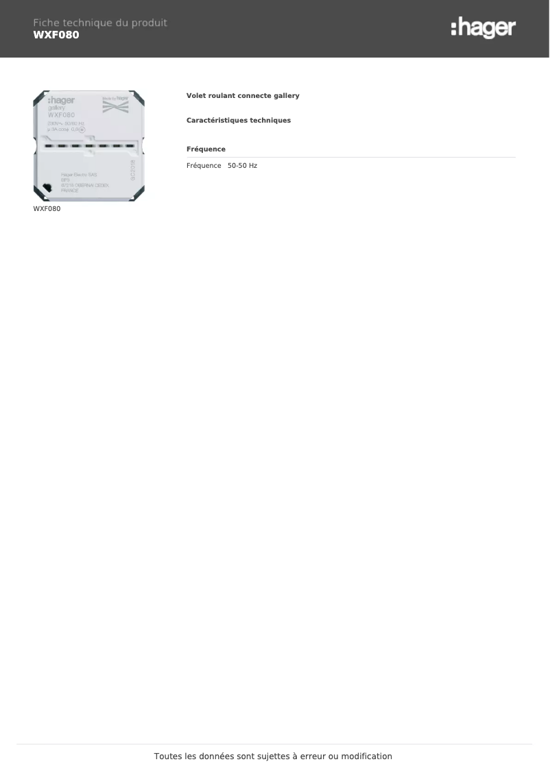 Page n°1 - Fiche technique Hager WXF080