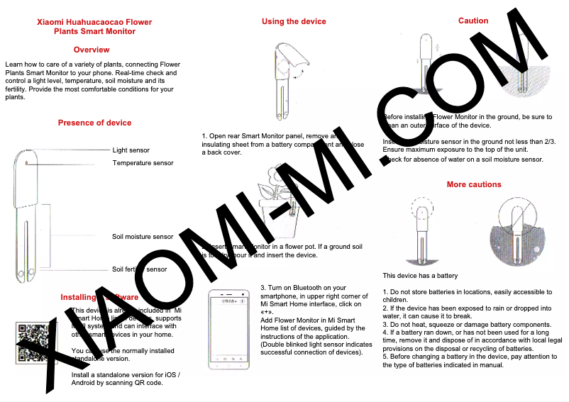Page 1 de la notice Manuel utilisateur Xiaomi Huahuacacao Flower Care Smart Monitor