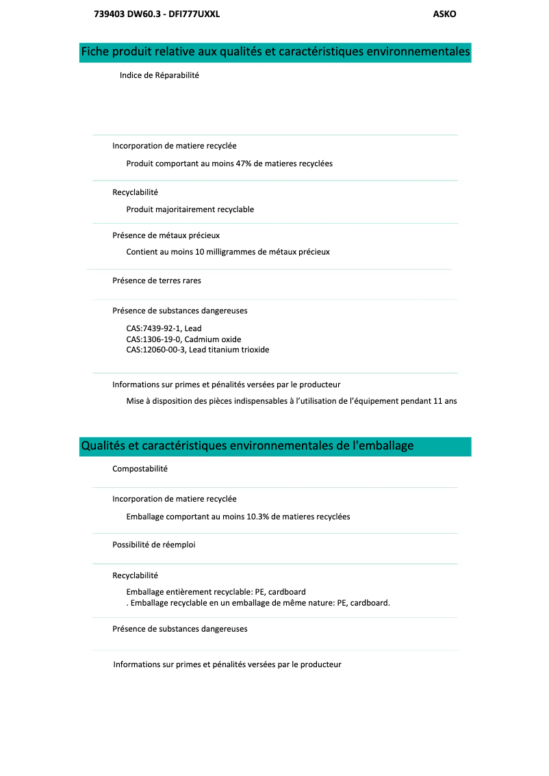 Page n°1 - Fiche technique Asko DFI777UXXL