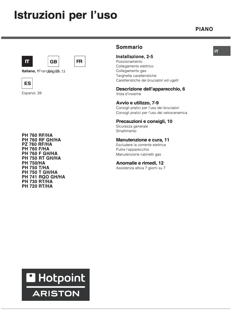 Page n°1 - Manuel utilisateur Hotpoint PH 750 T (AN) R/HA