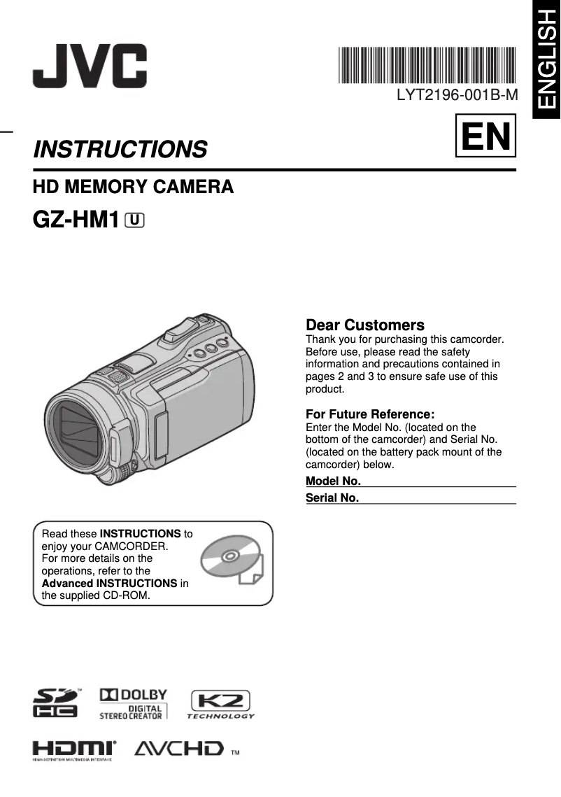 Image de la première page du manuel de l'appareil Everio GZ-HM1