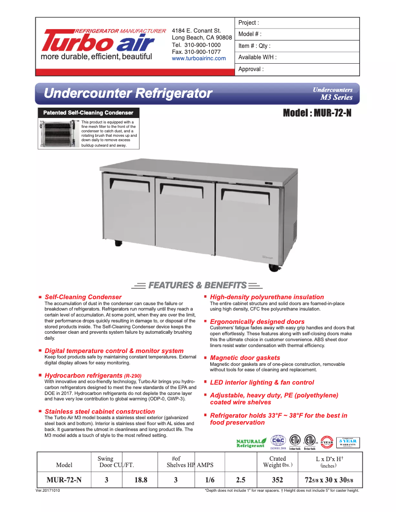 Page 1 de la notice Fiche technique Turbo air MUR-72
