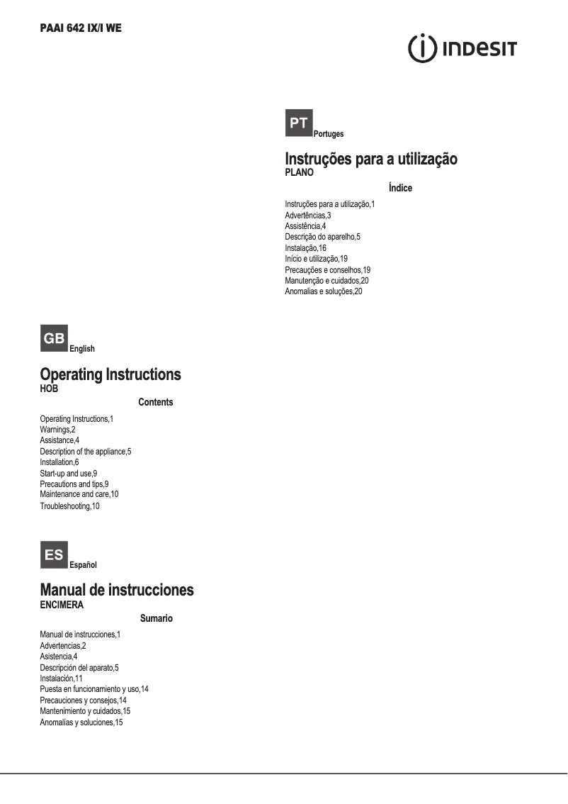 Page 1 de la notice Manuel utilisateur Indesit PAAI 642 IX/I WE