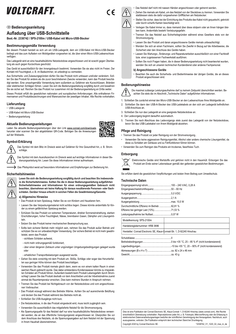 Page n°1 - Manuel utilisateur Voltcraft SPS-2100m