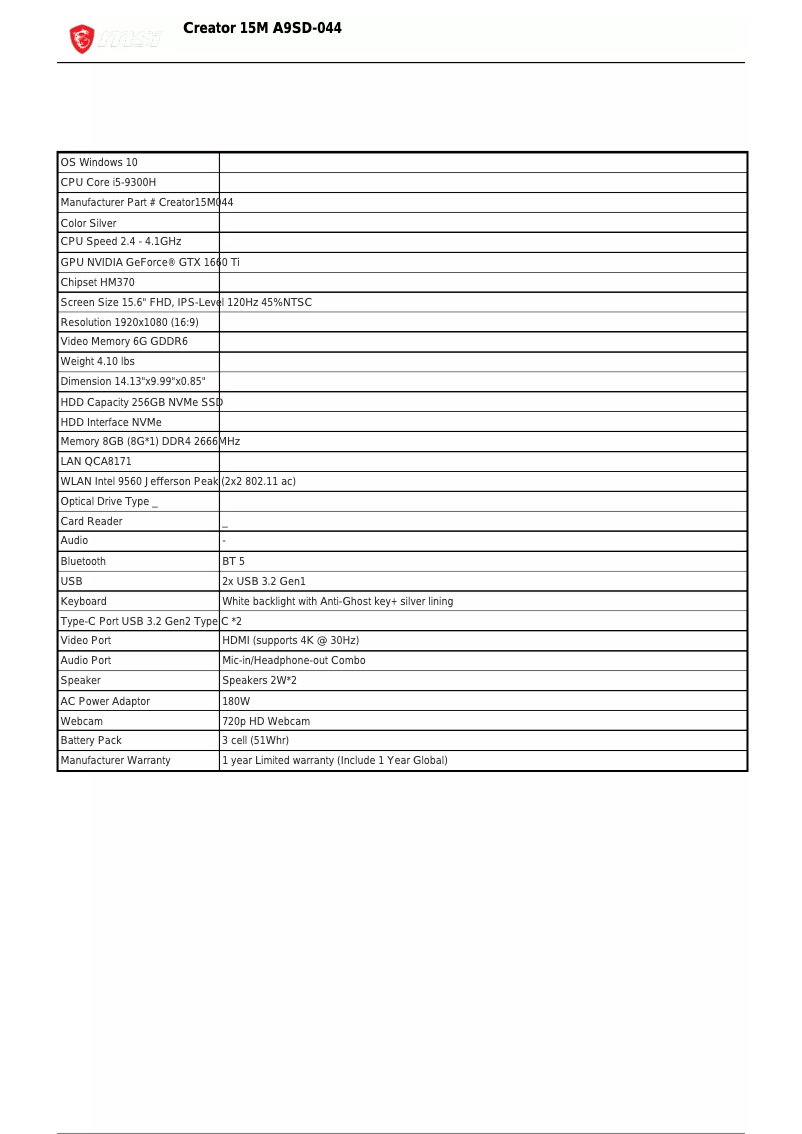 Página 1 del manual Ficha técnica MSI Creator 15M