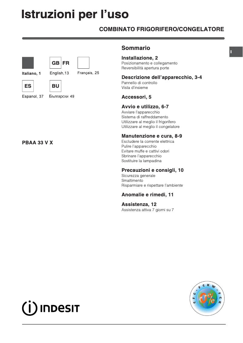 Page 1 de la notice Manuel utilisateur Indesit PBAA 33 VX
