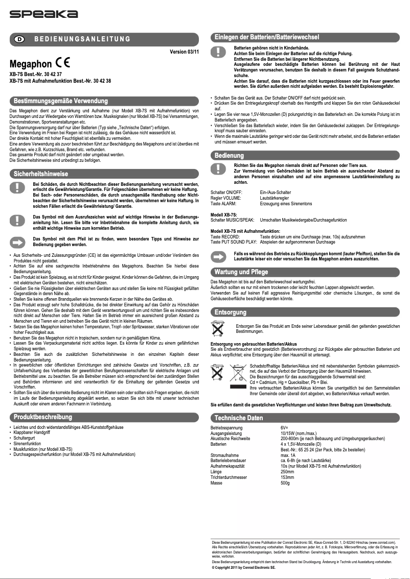 Page 1 de la notice Manuel utilisateur Speaka XB-7S