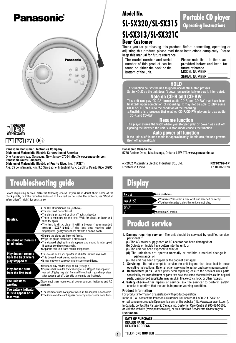Page 1 de la notice Manuel utilisateur Panasonic SL-SX313