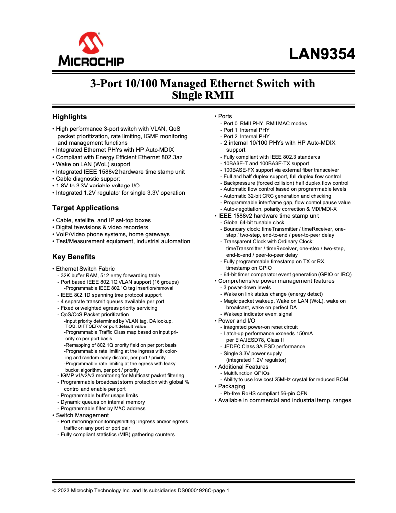 Page 1 de la notice Manuel utilisateur Microchip LAN9354