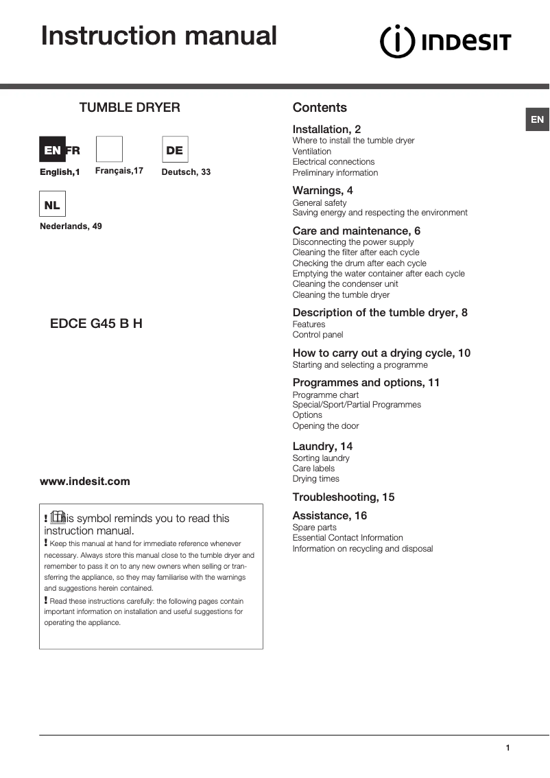 Page n°1 - Mode d'emploi Indesit EDCE G45 B H (EU)
