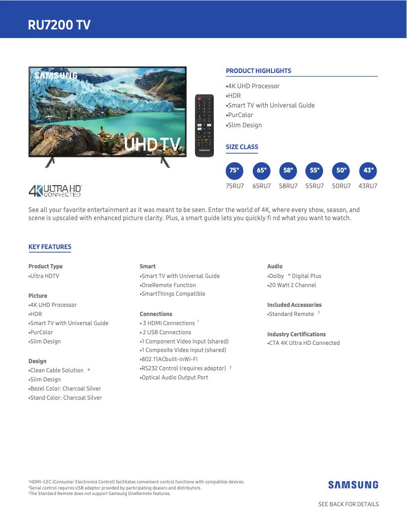 Page 1 de la notice Fiche technique Samsung UN55RU7200