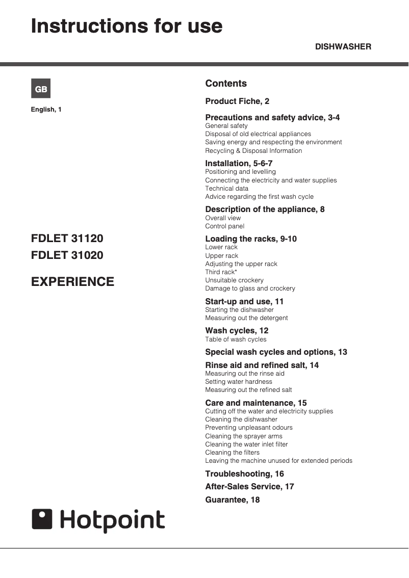 Page n°1 - Manuel utilisateur Hotpoint FDLET 31120 G Ecotech