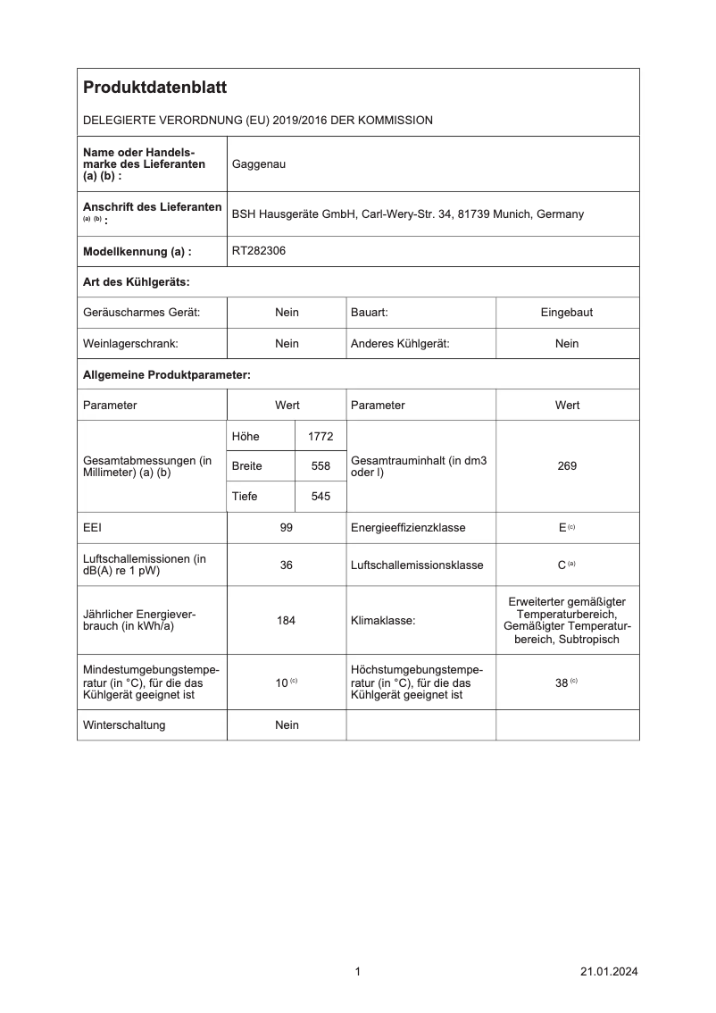 Page 1 de la notice Fiche technique Gaggenau RT282306