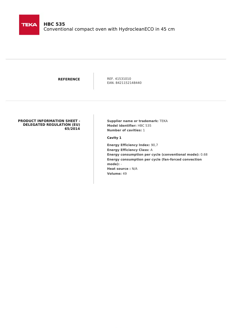 Page n°1 - Fiche technique Teka HBC 535