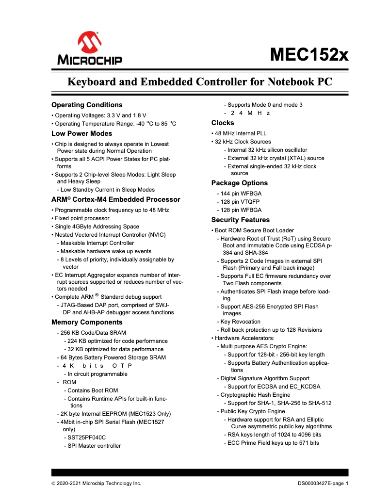 Page 1 de la notice Fiche technique Microchip MEC1527