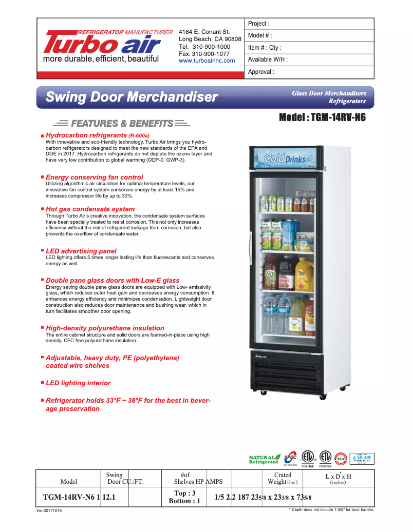 Page 1 de la notice Fiche technique Turbo air TGM-14RV